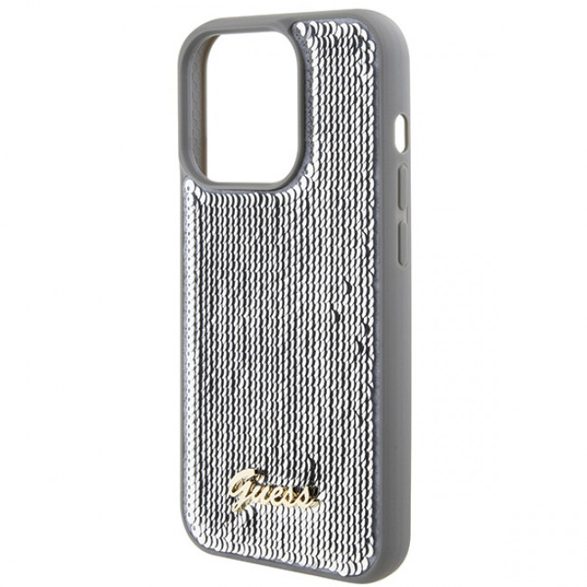 Guess iPhone 15 Pro - Sequin Script Metal Σκληρή Θήκη με Επένδυση από Παγέτες - Silver - GUHCP15LPSFDGSS