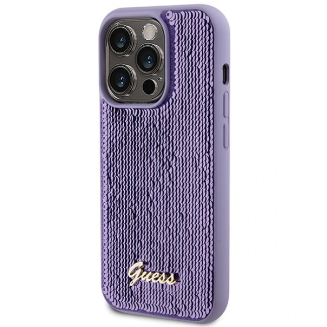 Guess iPhone 15 Pro - Sequin Script Metal Σκληρή Θήκη με Επένδυση από Παγέτες - Purple - GUHCP15LPSFDGSU