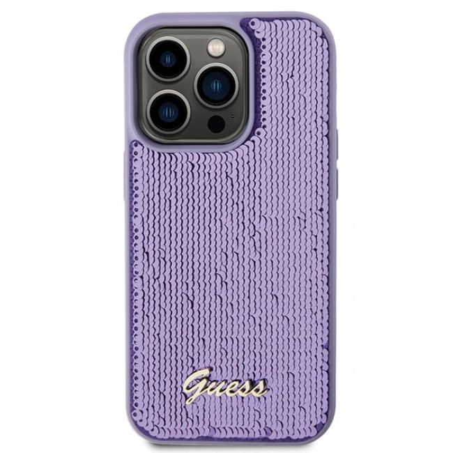 Guess iPhone 15 Pro - Sequin Script Metal Σκληρή Θήκη με Επένδυση από Παγέτες - Purple - GUHCP15LPSFDGSU