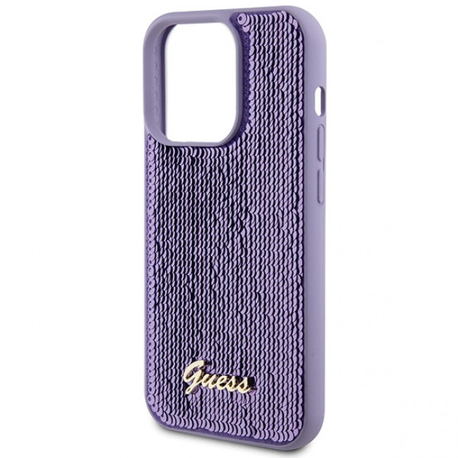 Guess iPhone 15 Pro - Sequin Script Metal Σκληρή Θήκη με Επένδυση από Παγέτες - Purple - GUHCP15LPSFDGSU