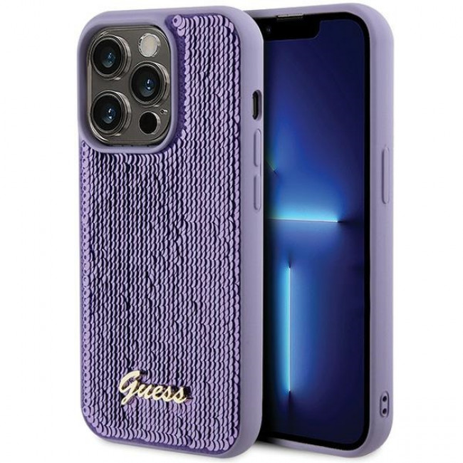 Guess iPhone 15 Pro - Sequin Script Metal Σκληρή Θήκη με Επένδυση από Παγέτες - Purple - GUHCP15LPSFDGSU