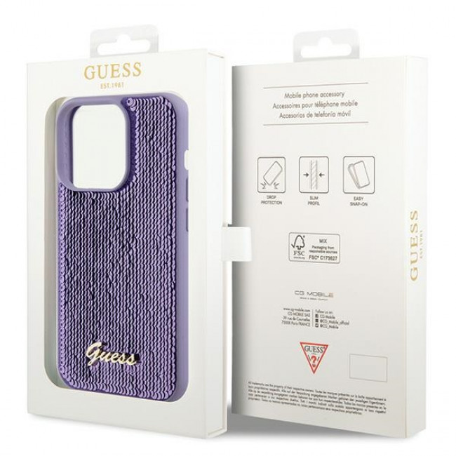 Guess iPhone 15 Pro - Sequin Script Metal Σκληρή Θήκη με Επένδυση από Παγέτες - Purple - GUHCP15LPSFDGSU