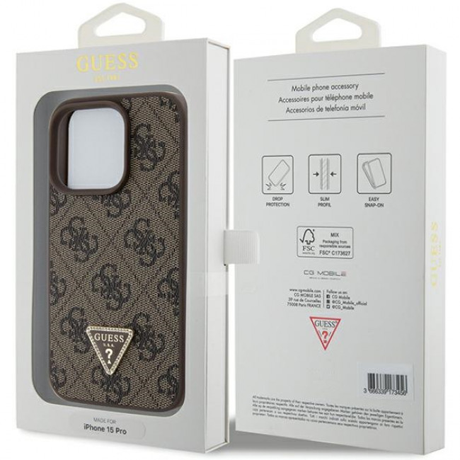 Guess iPhone 15 Pro Leather 4G Diamond Triangle Θήκη με Επένδυση Συνθετικού Δέρματος - Brown - GUHCP15LP4TDPW