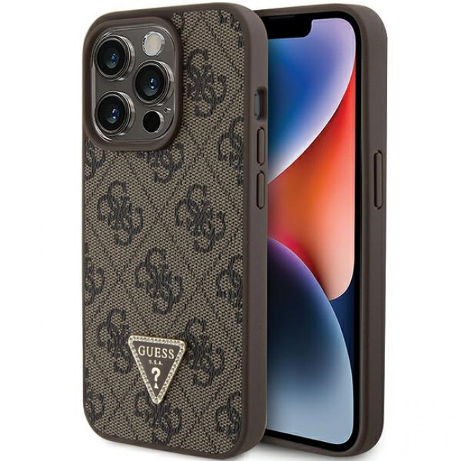 Guess iPhone 15 Pro Leather 4G Diamond Triangle Θήκη με Επένδυση Συνθετικού Δέρματος - Brown - GUHCP15LP4TDPW