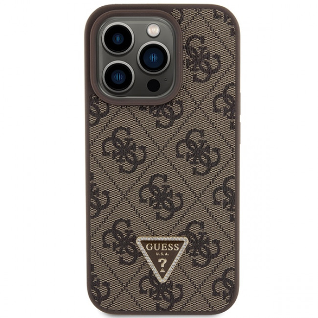 Guess iPhone 15 Pro Leather 4G Diamond Triangle Θήκη με Επένδυση Συνθετικού Δέρματος - Brown - GUHCP15LP4TDPW