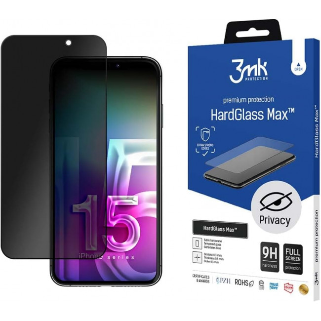 3MK iPhone 15 Pro Max HardGlass Max Privacy 0.30mm 9H Full Screen Αντιχαρακτικό Γυαλί Οθόνης - Black