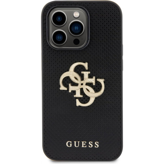 Guess iPhone 15 Leather Perforated 4G Glitter Θήκη με Επένδυση Συνθετικού Δέρματος - Black - GUHCP15SPSP4LGK