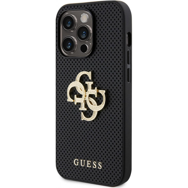 Guess iPhone 15 Leather Perforated 4G Glitter Θήκη με Επένδυση Συνθετικού Δέρματος - Black - GUHCP15SPSP4LGK