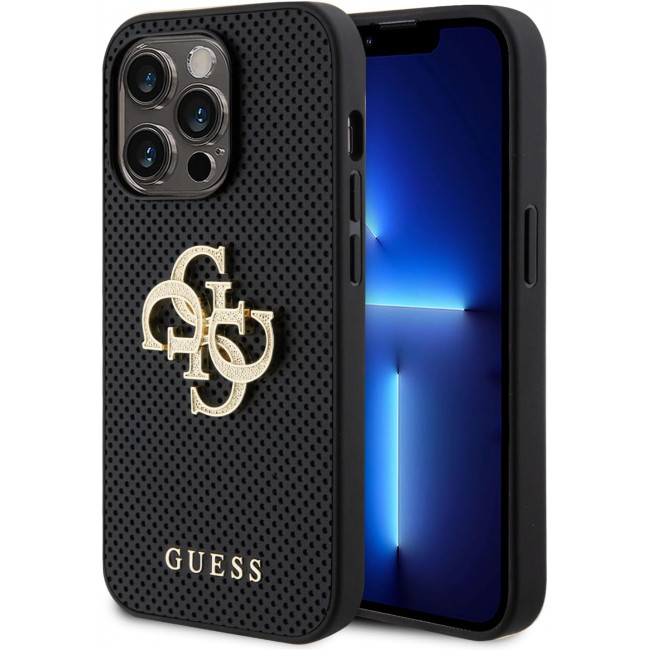 Guess iPhone 15 Leather Perforated 4G Glitter Θήκη με Επένδυση Συνθετικού Δέρματος - Black - GUHCP15SPSP4LGK