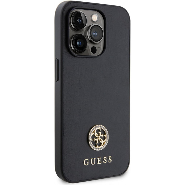 Guess iPhone 15 Pro 4G Strass Metal Logo Θήκη με Επένδυση Συνθετικού Δέρματος - Black - GUHCP15LPS4DGPK