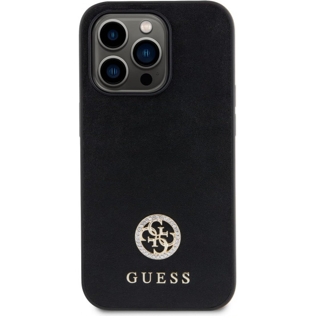 Guess iPhone 15 Pro 4G Strass Metal Logo Θήκη με Επένδυση Συνθετικού Δέρματος - Black - GUHCP15LPS4DGPK