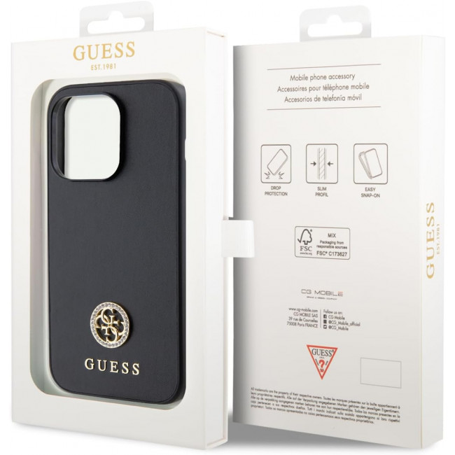 Guess iPhone 15 Pro 4G Strass Metal Logo Θήκη με Επένδυση Συνθετικού Δέρματος - Black - GUHCP15LPS4DGPK