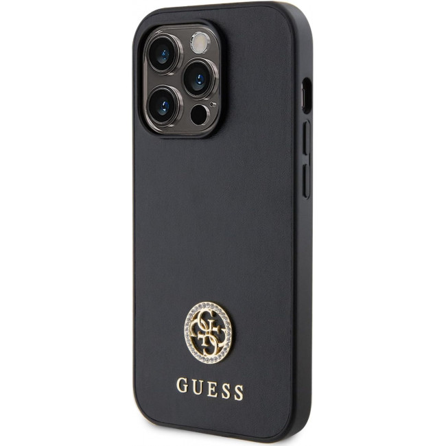 Guess iPhone 15 Pro 4G Strass Metal Logo Θήκη με Επένδυση Συνθετικού Δέρματος - Black - GUHCP15LPS4DGPK