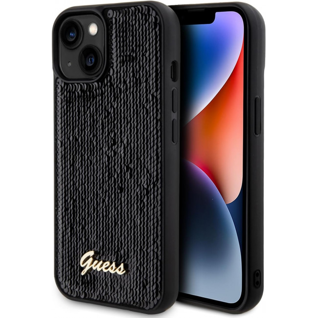 Guess iPhone 15 - Sequin Script Metal Σκληρή Θήκη με Επένδυση από Παγέτες - Black - GUHCP15SPSFDGSK