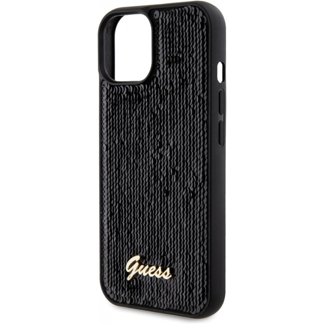 Guess iPhone 15 - Sequin Script Metal Σκληρή Θήκη με Επένδυση από Παγέτες - Black - GUHCP15SPSFDGSK