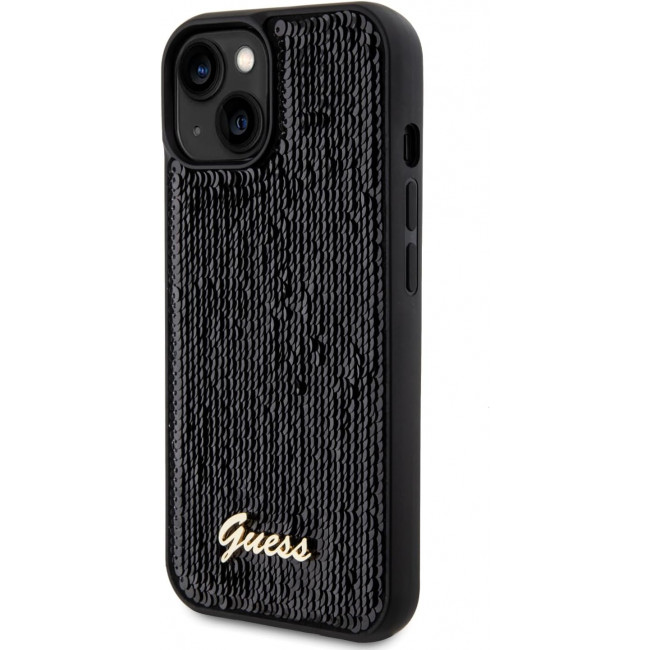 Guess iPhone 15 - Sequin Script Metal Σκληρή Θήκη με Επένδυση από Παγέτες - Black - GUHCP15SPSFDGSK