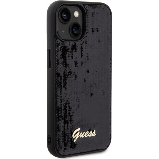 Guess iPhone 15 - Sequin Script Metal Σκληρή Θήκη με Επένδυση από Παγέτες - Black - GUHCP15SPSFDGSK