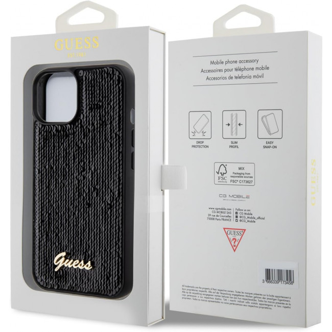 Guess iPhone 15 - Sequin Script Metal Σκληρή Θήκη με Επένδυση από Παγέτες - Black - GUHCP15SPSFDGSK