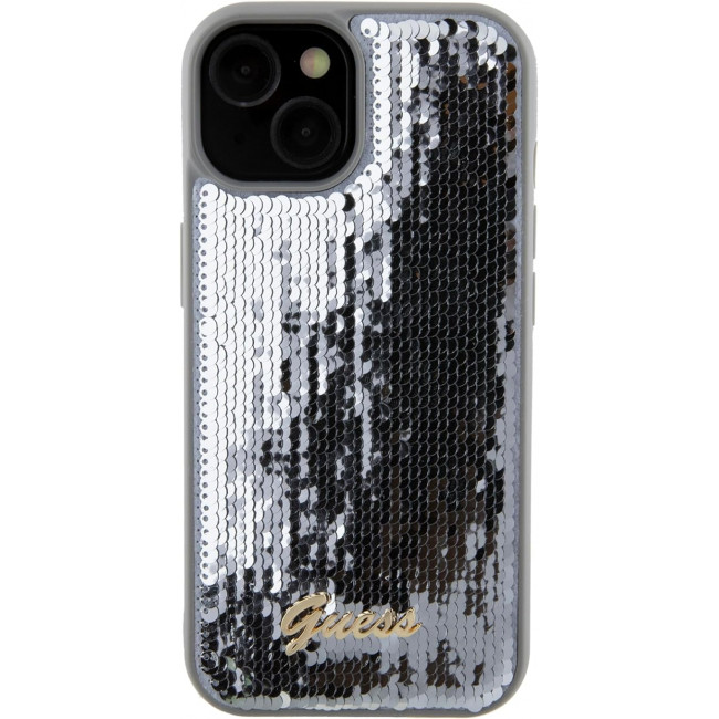 Guess iPhone 15 - Sequin Script Metal Σκληρή Θήκη με Επένδυση από Παγέτες - Silver - GUHCP15SPSFDGSS