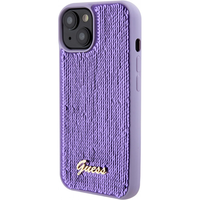 Guess iPhone 15 - Sequin Script Metal Σκληρή Θήκη με Επένδυση από Παγέτες - Purple - GUHCP15SPSFDGSU