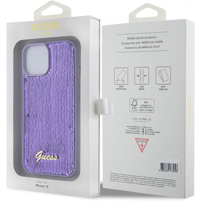 Guess iPhone 15 - Sequin Script Metal Σκληρή Θήκη με Επένδυση από Παγέτες - Purple - GUHCP15SPSFDGSU