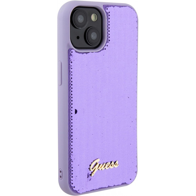 Guess iPhone 15 - Sequin Script Metal Σκληρή Θήκη με Επένδυση από Παγέτες - Purple - GUHCP15SPSFDGSU