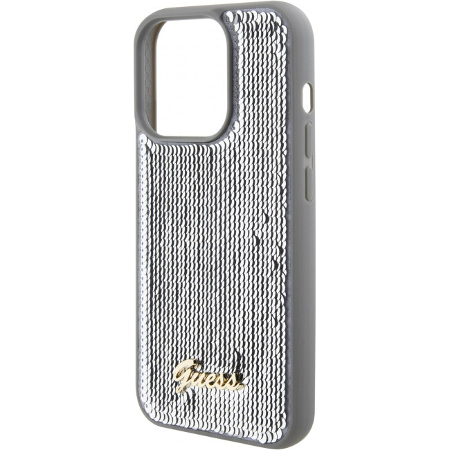 Guess iPhone 15 Pro Max - Sequin Script Metal Σκληρή Θήκη με Επένδυση από Παγέτες - Silver - GUHCP15XPSFDGSS