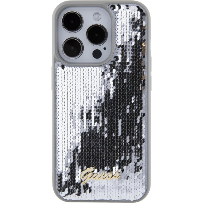 Guess iPhone 15 Pro Max - Sequin Script Metal Σκληρή Θήκη με Επένδυση από Παγέτες - Silver - GUHCP15XPSFDGSS