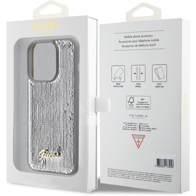 Guess iPhone 15 Pro Max - Sequin Script Metal Σκληρή Θήκη με Επένδυση από Παγέτες - Silver - GUHCP15XPSFDGSS