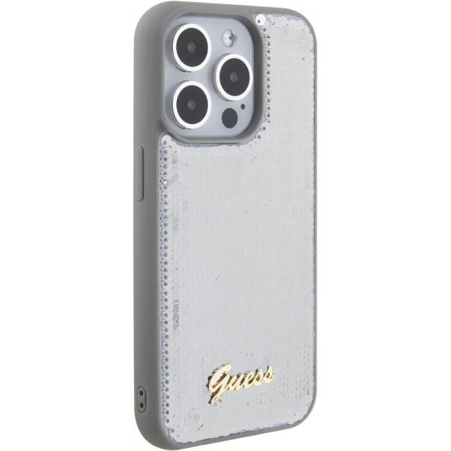 Guess iPhone 15 Pro Max - Sequin Script Metal Σκληρή Θήκη με Επένδυση από Παγέτες - Silver - GUHCP15XPSFDGSS