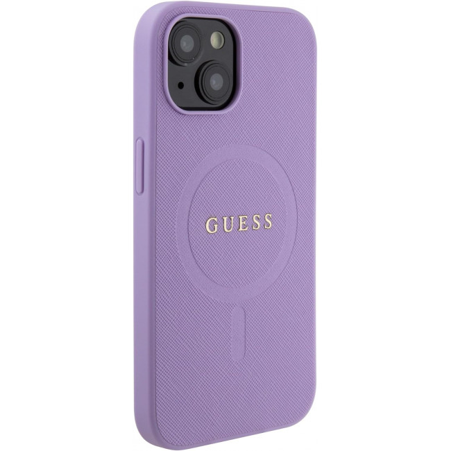 Guess iPhone 15 Saffiano MagSafe Σκληρή Θήκη με Πλαίσιο Σιλικόνης και MagSafe - Purple - GUHMP15SPSAHMCU