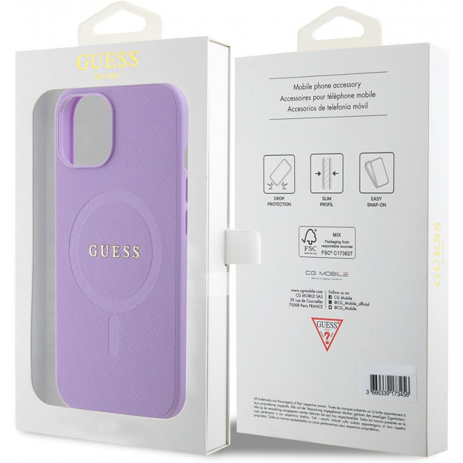 Guess iPhone 15 Saffiano MagSafe Σκληρή Θήκη με Πλαίσιο Σιλικόνης και MagSafe - Purple - GUHMP15SPSAHMCU