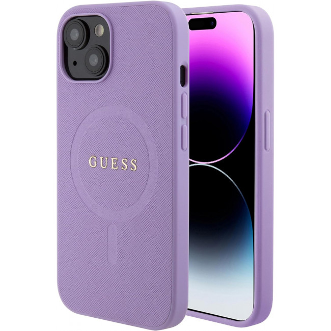 Guess iPhone 15 Saffiano MagSafe Σκληρή Θήκη με Πλαίσιο Σιλικόνης και MagSafe - Purple - GUHMP15SPSAHMCU