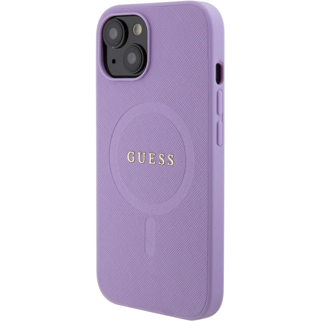 Guess iPhone 15 Saffiano MagSafe Σκληρή Θήκη με Πλαίσιο Σιλικόνης και MagSafe - Purple - GUHMP15SPSAHMCU