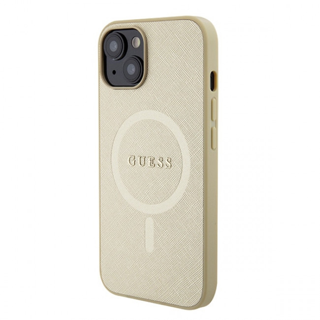 Guess iPhone 15 Saffiano MagSafe Σκληρή Θήκη με Πλαίσιο Σιλικόνης και MagSafe - Gold - GUHMP15SPSAHMCB