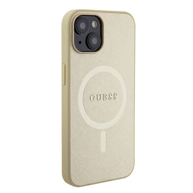 Guess iPhone 15 Saffiano MagSafe Σκληρή Θήκη με Πλαίσιο Σιλικόνης και MagSafe - Gold - GUHMP15SPSAHMCB