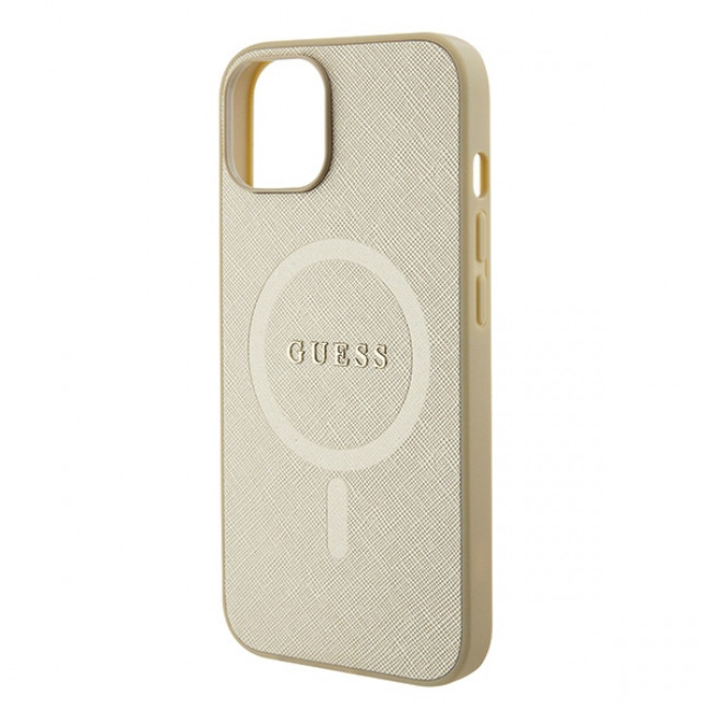 Guess iPhone 15 Saffiano MagSafe Σκληρή Θήκη με Πλαίσιο Σιλικόνης και MagSafe - Gold - GUHMP15SPSAHMCB