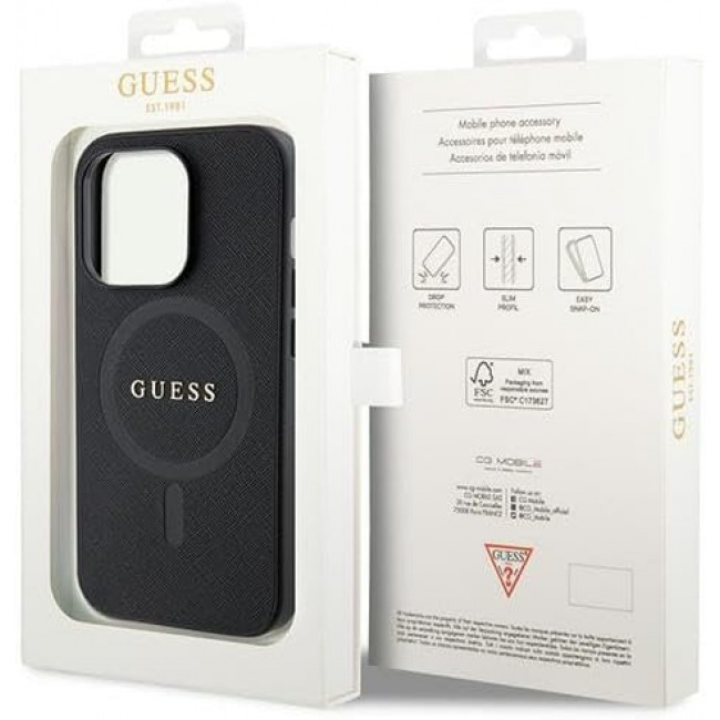 Guess iPhone 15 Pro Max Saffiano MagSafe Σκληρή Θήκη με Πλαίσιο Σιλικόνης και MagSafe - Black - GUHMP15XPSAHMCK