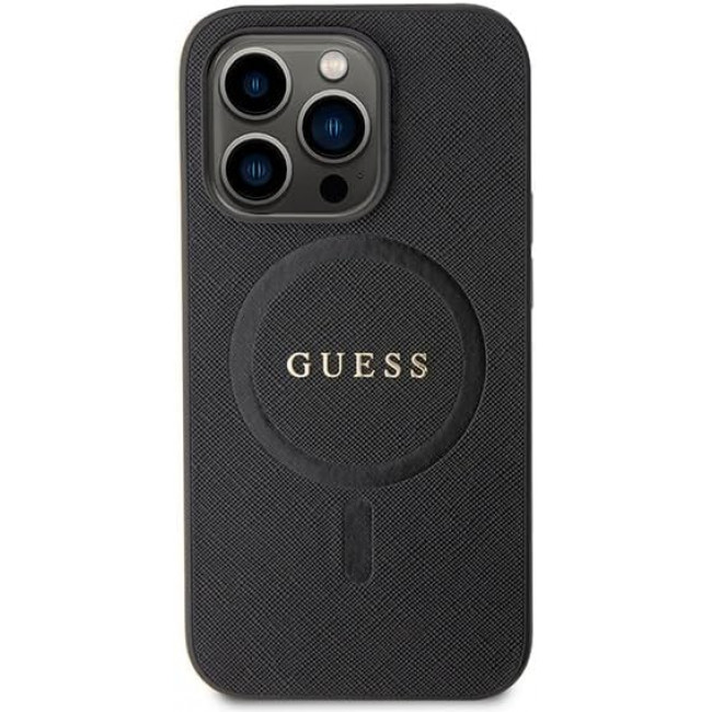 Guess iPhone 15 Pro Max Saffiano MagSafe Σκληρή Θήκη με Πλαίσιο Σιλικόνης και MagSafe - Black - GUHMP15XPSAHMCK