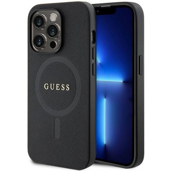 Guess iPhone 15 Pro Max Saffiano MagSafe Σκληρή Θήκη με Πλαίσιο Σιλικόνης και MagSafe - Black - GUHMP15XPSAHMCK