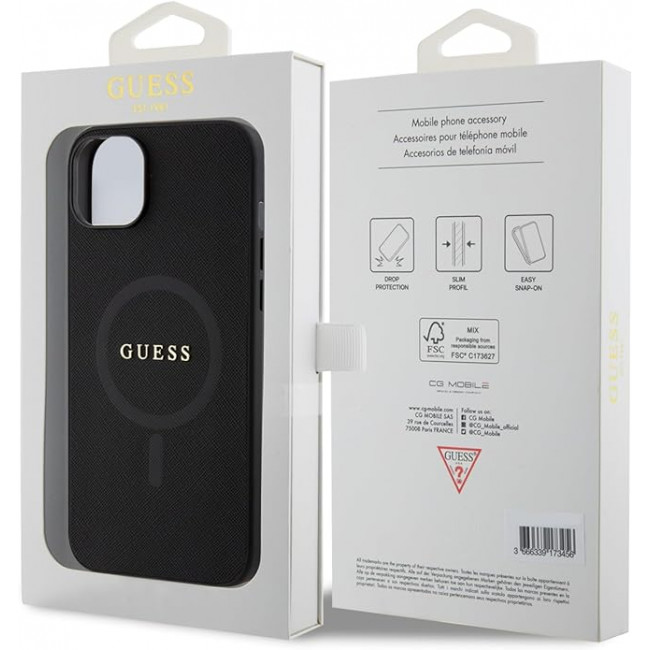 Guess iPhone 15 Saffiano MagSafe Σκληρή Θήκη με Πλαίσιο Σιλικόνης και MagSafe - Black - GUHMP15SPSAHMCK