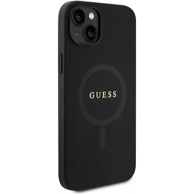 Guess iPhone 15 Saffiano MagSafe Σκληρή Θήκη με Πλαίσιο Σιλικόνης και MagSafe - Black - GUHMP15SPSAHMCK