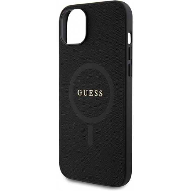 Guess iPhone 15 Saffiano MagSafe Σκληρή Θήκη με Πλαίσιο Σιλικόνης και MagSafe - Black - GUHMP15SPSAHMCK