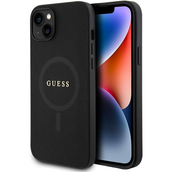 Guess iPhone 15 Saffiano MagSafe Σκληρή Θήκη με Πλαίσιο Σιλικόνης και MagSafe - Black - GUHMP15SPSAHMCK