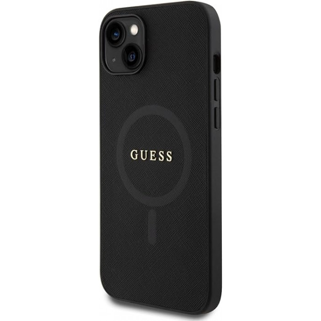 Guess iPhone 15 Saffiano MagSafe Σκληρή Θήκη με Πλαίσιο Σιλικόνης και MagSafe - Black - GUHMP15SPSAHMCK