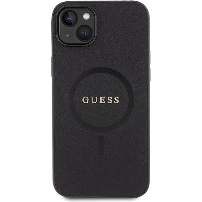 Guess iPhone 15 Saffiano MagSafe Σκληρή Θήκη με Πλαίσιο Σιλικόνης και MagSafe - Black - GUHMP15SPSAHMCK