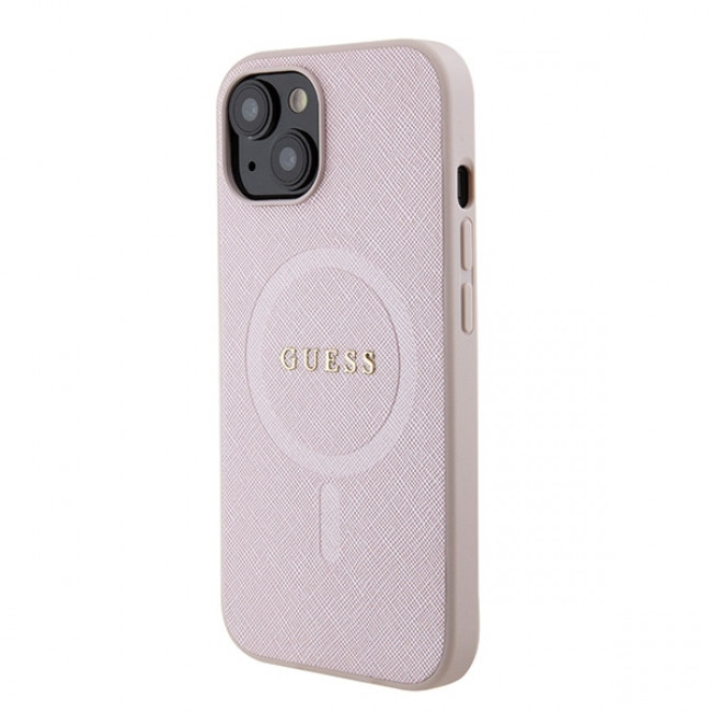 Guess iPhone 15 Saffiano MagSafe Σκληρή Θήκη με Πλαίσιο Σιλικόνης και MagSafe - Pink - GUHMP15SPSAHMCP