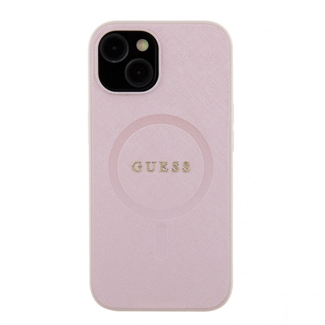 Guess iPhone 15 Saffiano MagSafe Σκληρή Θήκη με Πλαίσιο Σιλικόνης και MagSafe - Pink - GUHMP15SPSAHMCP