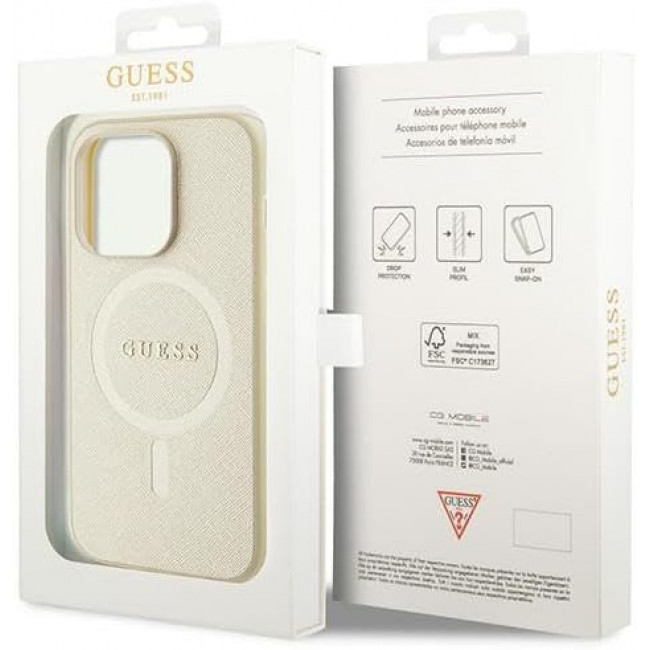 Guess iPhone 15 Pro Max Saffiano MagSafe Σκληρή Θήκη με Πλαίσιο Σιλικόνης και MagSafe - Gold - GUHMP15XPSAHMCB