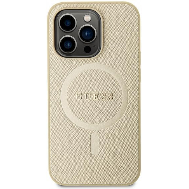 Guess iPhone 15 Pro Max Saffiano MagSafe Σκληρή Θήκη με Πλαίσιο Σιλικόνης και MagSafe - Gold - GUHMP15XPSAHMCB